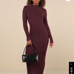Maroon Ribbed Knit Midi Dress